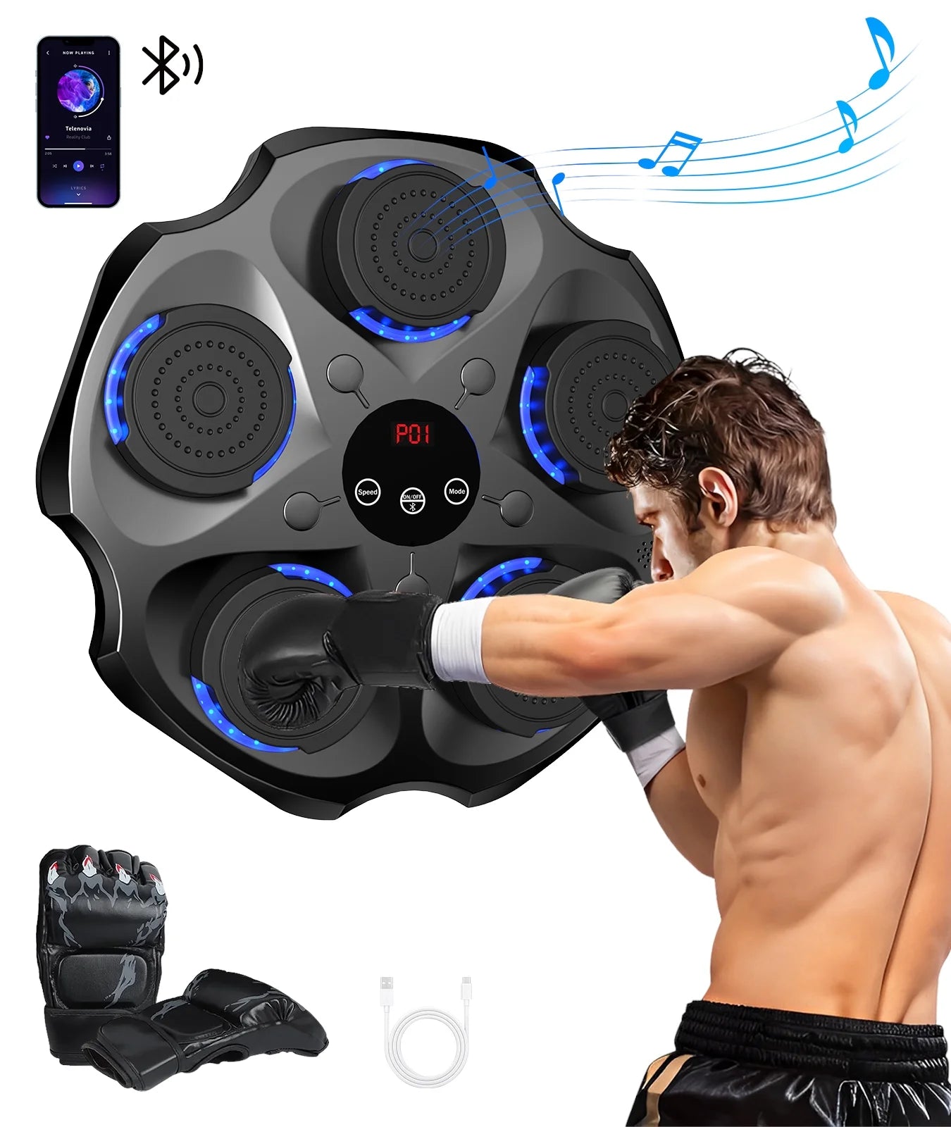 Music Boxing Machine with Boxing Gloves, Wall Mounted Smart Bluetooth Music Boxing Trainer, Electronic Boxing Target Workout Punching Equipment for Home, Indoor and Gym