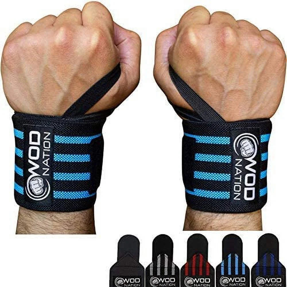 12" Weightlifting Wrist Wraps for Men & Women, Set of 2, Black & Light Blue, Wrist Strap Support for Strength Training, Bodybuilding, Weight Training