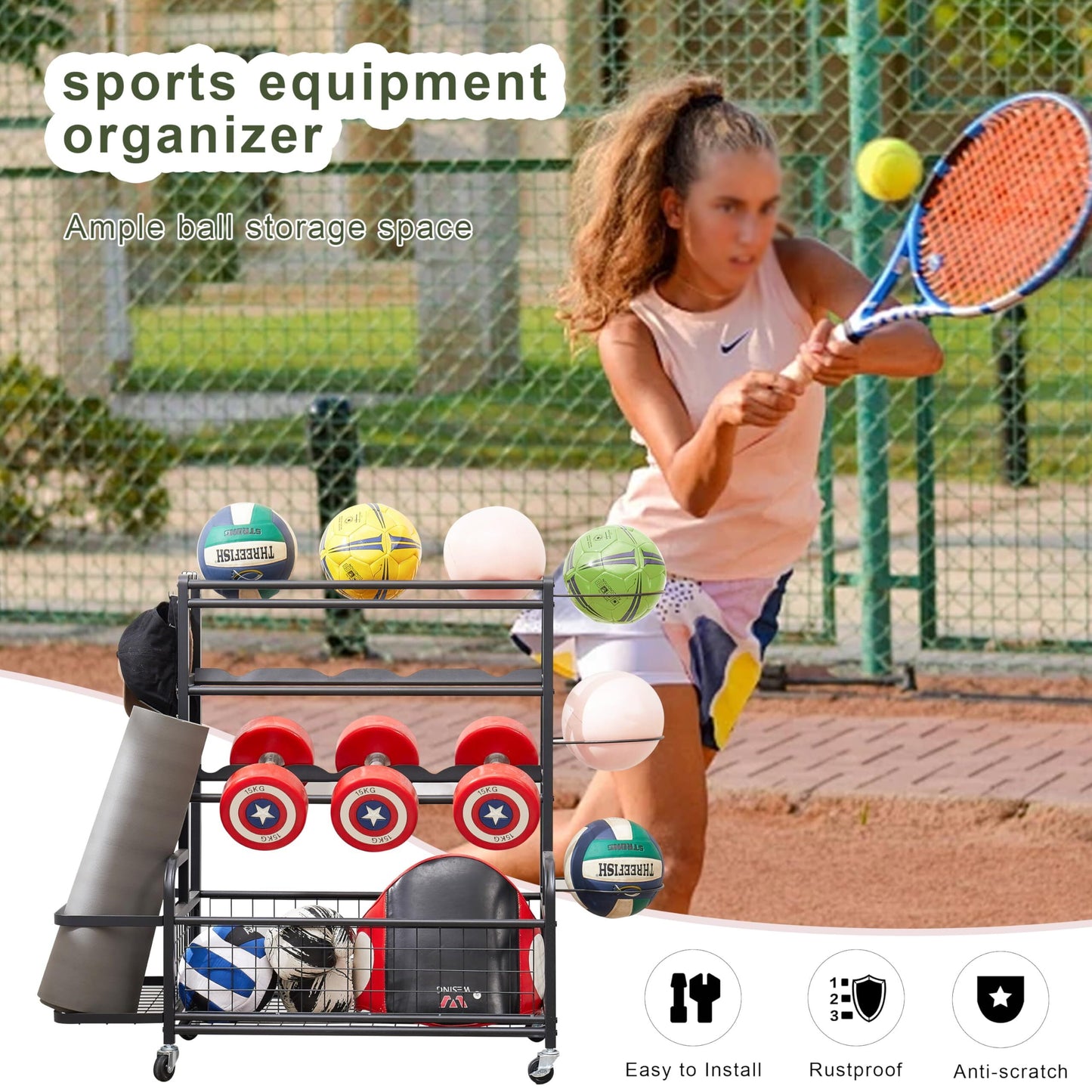 Garage Sports Equipment Organizer, Ball Storage Garage Large Capacity, Sports Organizer for Garage with Hooks and Baskets, for Soccer Ball,Toys